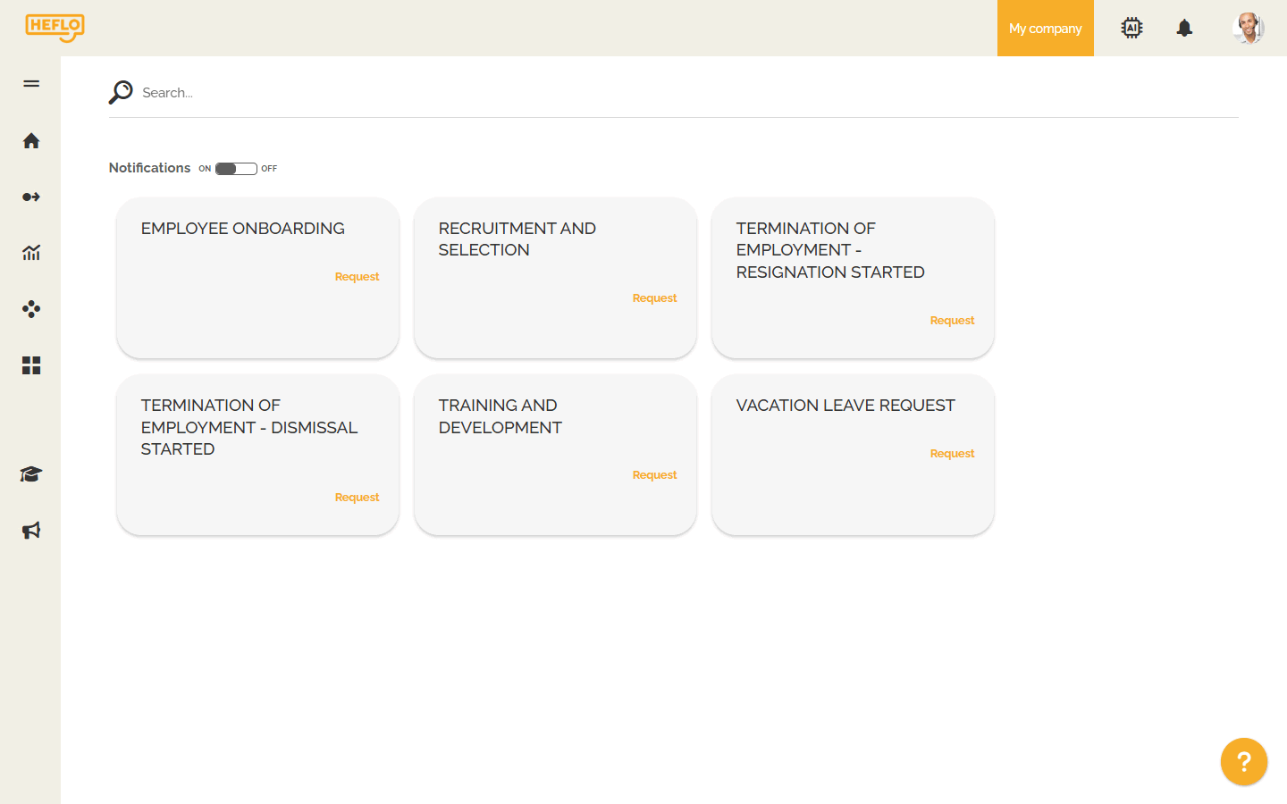 Interface do portal self-service HEFLO para Automação de Serviços Compartilhados
